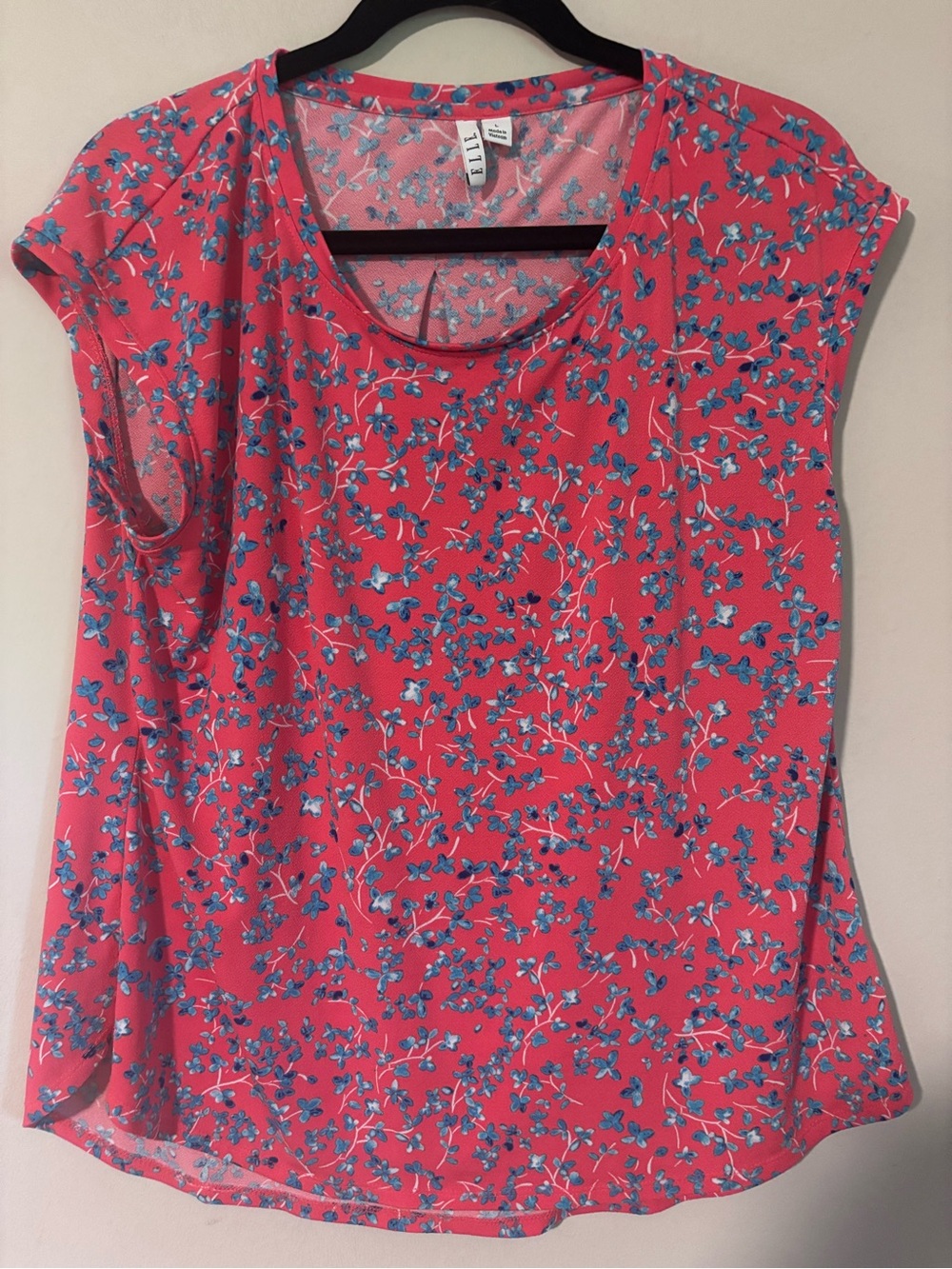 Elle - Pink Floral Cap-Sleeve Camisole with Blue Blossom Print - size L